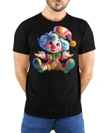 Cute Colorful Cartoon Clown Graphic T Shirt Funny Circus Art Tee - model wearing black tee with hands behind back