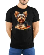 Cute Yorkshire Terrier Puppy Graphic T Shirt Adorable Dog Art Tee - model wearing black tee with hands behind back
