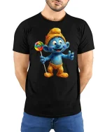 Cute Blue Cartoon Character With Lollipop Graphic T Shirt Fun Tee - model wearing black tee with hands behind back