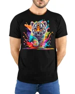 Colorful Tiger Splash Art Graphic T Shirt Powerful Animal Tee - model wearing black tee with hands behind back