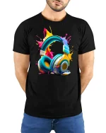 Colorful Headphones Splash Art Graphic T Shirt Music Lover Tee - model wearing black tee with hands behind back