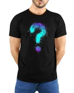 Colorful Question Mark Splash Art Graphic T Shirt Creative Tee - model wearing black tee with hands behind back