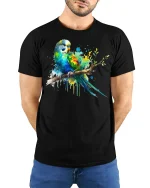 Colorful Parrot Splash Art Graphic T Shirt Vibrant Bird Tee - model wearing black tee with hands behind back