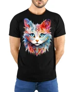 Colorful Mandala Cat Face Graphic T Shirt Artistic Animal Art Tee - model wearing black tee with hands behind back