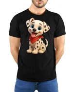 Cute Dalmatian Puppy Cartoon Graphic T Shirt Adorable Dog Art Tee - model wearing black tee with hands behind back