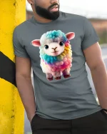 Cute Rainbow Lamb Graphic T Shirt Adorable Colorful Animal Art Tee - model wearing grey tee, leaning on column