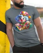 Cute Colorful Cartoon Clown Graphic T Shirt Funny Circus Art Tee - model wearing grey tee, leaning on column