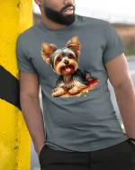 Cute Yorkshire Terrier Puppy Graphic T Shirt Adorable Dog Art Tee - model wearing grey tee, leaning on column