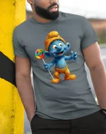 Cute Blue Cartoon Character With Lollipop Graphic T Shirt Fun Tee - model wearing grey tee, leaning on column