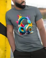 Colorful Headphones Splash Art Graphic T Shirt Music Lover Tee - model wearing grey tee, leaning on column