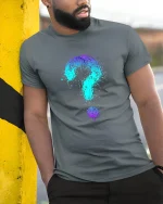 Colorful Question Mark Splash Art Graphic T Shirt Creative Tee - model wearing grey tee, leaning on column