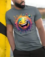 Color Splash Laughing Emoji Graphic T Shirt Funny Smiley Art Tee - model wearing grey tee, leaning on column