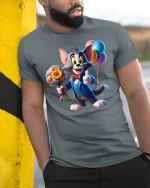 Cute Cartoon Gentleman Cat Graphic T Shirt Funny Party Art Tee - model wearing grey tee, leaning on column