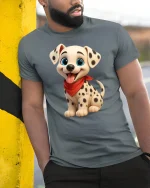 Cute Dalmatian Puppy Cartoon Graphic T Shirt Adorable Dog Art Tee - model wearing grey tee, leaning on column
