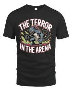 The Terror In The Arena Monster Graphic T Shirt Fierce Battle Tee - black t-shirt on white background