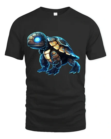 Futuristic Cyber Turtle Graphic Tee With Neon Tech Armor Art - black t-shirt on white background