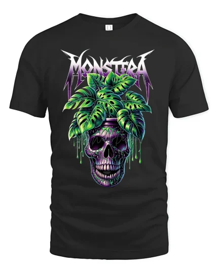 Monstera Skull Graphic Tee With Tropical Gothic Art Style - black t-shirt on white background