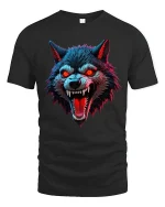 Savage Red Eyes Wolf Graphic Tee With Fierce Dark Art Style - black t-shirt on white background