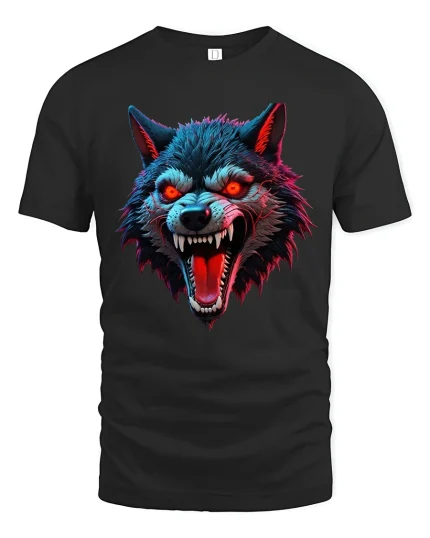 Savage Red Eyes Wolf Graphic Tee With Fierce Dark Art Style - black t-shirt on white background
