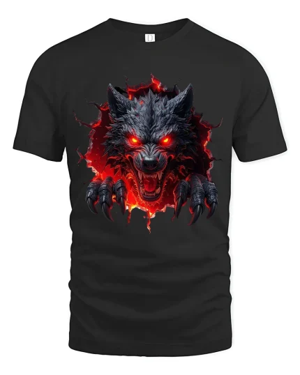Infernal Rage Wolf Demon Graphic Tee With Fierce Fire Art - black t-shirt on white background