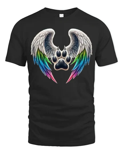 Angel Wing Paw Print Rainbow Love Spirit Animal Graphic Tee - black t-shirt on white background