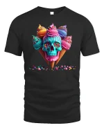 Colorful Ice Cream Skull Art Graphic Tee With Candy Drip Style - black t-shirt on white background