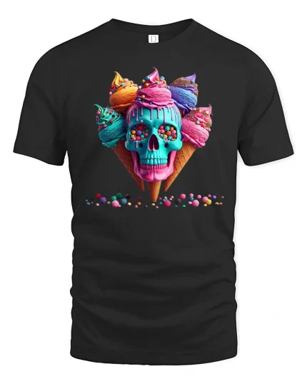 Colorful Ice Cream Skull Art Graphic Tee With Candy Drip Style - black t-shirt on white background