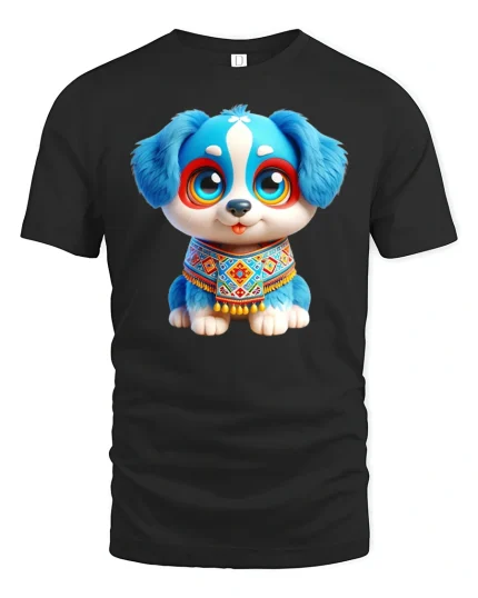 Cute Blue Puppy Art Graphic Tee With Big Eyes and Happy Vibes - black t-shirt on white background
