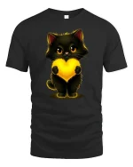Cute Black Cat Holding Glowing Heart Art Graphic Tshirt - black t-shirt on white background