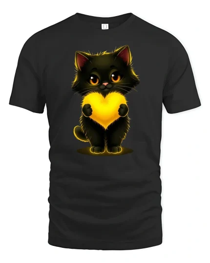 Cute Black Cat Holding Glowing Heart Art Graphic Tshirt - black t-shirt on white background