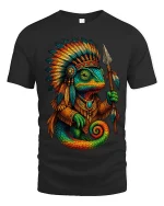 Tribal Chameleon Warrior Graphic T Shirt Colorful Fantasy Art Tee - black t-shirt on white background