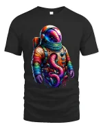 Colorful Astronaut Fantasy Art Graphic T Shirt Cosmic Space Tee - black t-shirt on white background