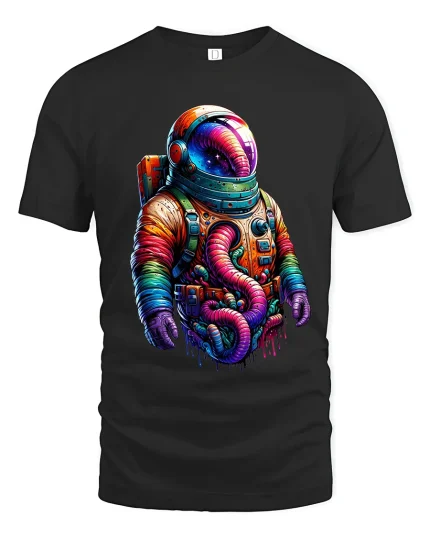 Colorful Astronaut Fantasy Art Graphic T Shirt Cosmic Space Tee - black t-shirt on white background