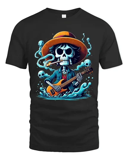 Skeleton Guitarist Rock Spirit Graphic Tee With Dark Music Vibes - black t-shirt on white background