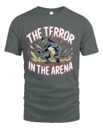 The Terror In The Arena Monster Graphic T Shirt Fierce Battle Tee - gray t-shirt on white background
