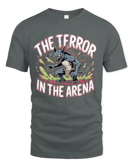 The Terror In The Arena Monster Graphic T Shirt Fierce Battle Tee - gray t-shirt on white background