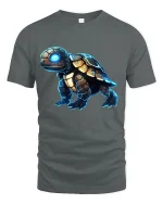 Futuristic Cyber Turtle Graphic Tee With Neon Tech Armor Art - gray t-shirt on white background