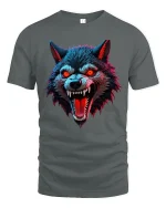 Savage Red Eyes Wolf Graphic Tee With Fierce Dark Art Style - gray t-shirt on white background