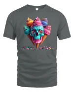 Colorful Ice Cream Skull Art Graphic Tee With Candy Drip Style - gray t-shirt on white background