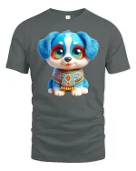Cute Blue Puppy Art Graphic Tee With Big Eyes and Happy Vibes - gray t-shirt on white background