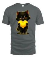 Cute Black Cat Holding Glowing Heart Art Graphic Tshirt - gray t-shirt on white background