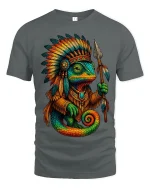 Tribal Chameleon Warrior Graphic T Shirt Colorful Fantasy Art Tee - gray t-shirt on white background