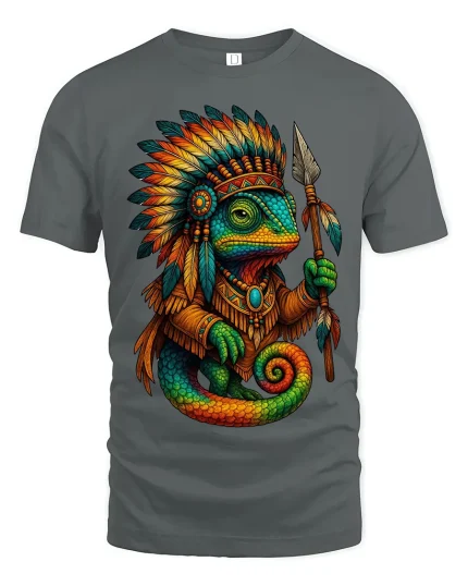 Tribal Chameleon Warrior Graphic T Shirt Colorful Fantasy Art Tee - gray t-shirt on white background
