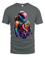 Colorful Astronaut Fantasy Art Graphic T Shirt Cosmic Space Tee - gray t-shirt on white background