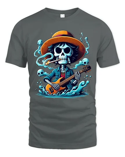 Skeleton Guitarist Rock Spirit Graphic Tee With Dark Music Vibes - gray t-shirt on white background