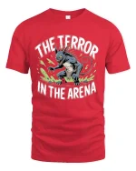 The Terror In The Arena Monster Graphic T Shirt Fierce Battle Tee - red t-shirt on white background