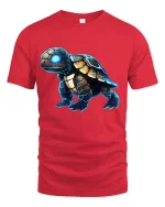 Futuristic Cyber Turtle Graphic Tee With Neon Tech Armor Art - red t-shirt on white background