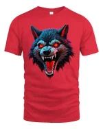 Savage Red Eyes Wolf Graphic Tee With Fierce Dark Art Style - red t-shirt on white background