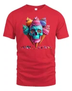 Colorful Ice Cream Skull Art Graphic Tee With Candy Drip Style - red t-shirt on white background