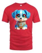 Cute Blue Puppy Art Graphic Tee With Big Eyes and Happy Vibes - red t-shirt on white background